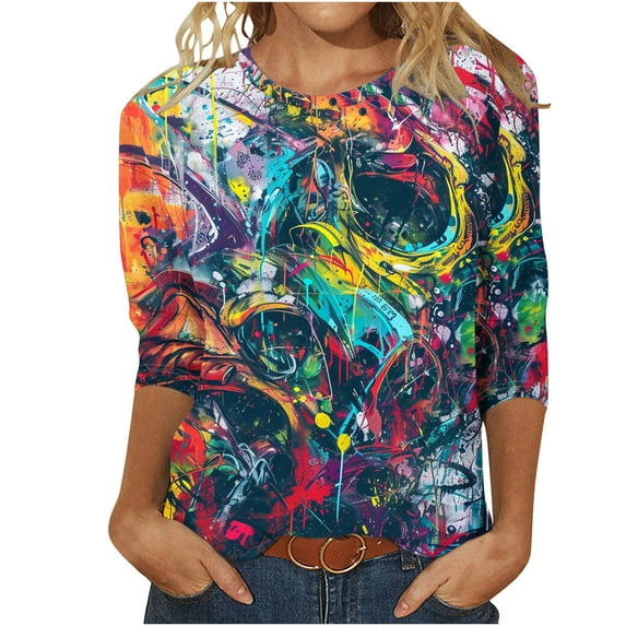 Womens Blouses Long Sleeve Women's Fashion Printed T-Shirt 3/4 Sleeves Blouse Round Neck Casual Tops