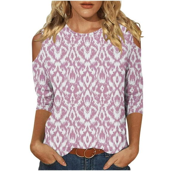 Womens Blouses Long Sleeve Women's Fashion Printed T-Shirt 3/4 Sleeves Blouse Round Neck Casual Tops