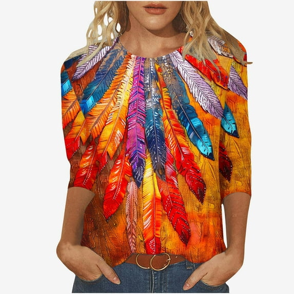Womens Blouses Long Sleeve Clearance Women's Fashion Vintage Printed T-Shirt 3/4 Sleeves Blouse Round Neck Casual Tops