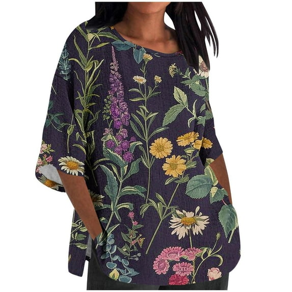 Womens Blouses Long Sleeve Women's Ladies Fashion Casual Cropped 3/4 Sleeve Printing Cotton Loose Shirt Blouse Top