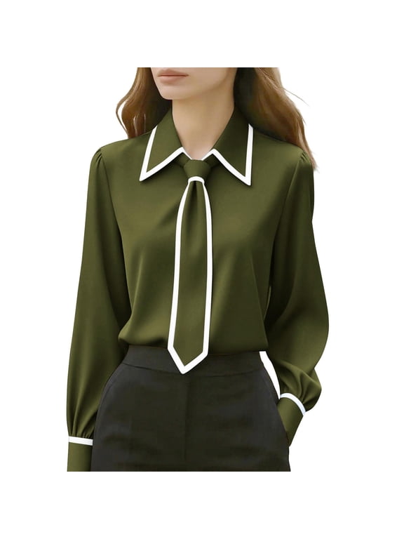 Womens Blouses Long Sleeve Dressy Business Casual Top Solid Work Office Button Down Shirts with Tie Neck Lapel Collar Puff Sleeve Summer Interview Clothes