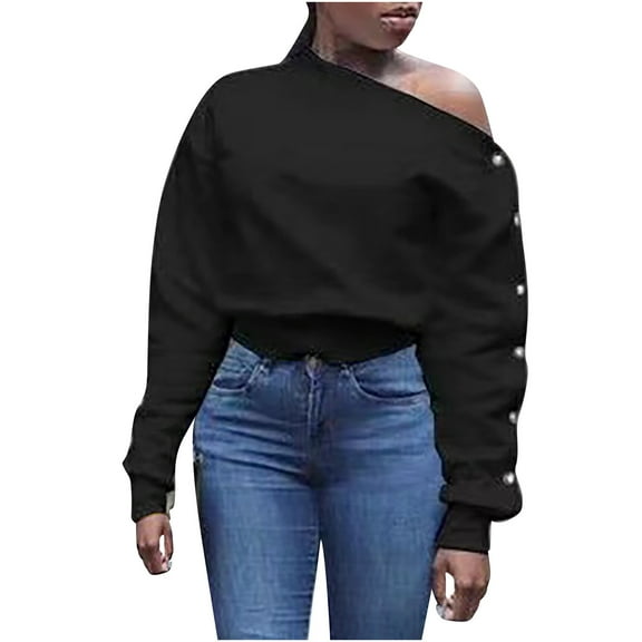 Womens Blouses Long Sleeve Shirt Women Casual Fashion Solid Color Button T-Shirt Long Sleeves One Shoulder Top Blouse Tops Black-1 M