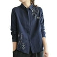 thumbnail image 1 of Womens Blouses Long Sleeve Shirts Casual Button Down V Neck Blouse Tops Summer Cotton Shirts Solid Collared Shirts Top Navy M 1, 1 of 6