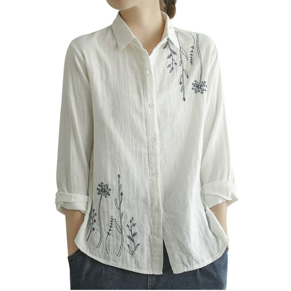 Womens Blouses Long Sleeve Shirts Casual Button Down V Neck Blouse Tops Summer Cotton Shirts Solid Collared Shirts Top White M 1