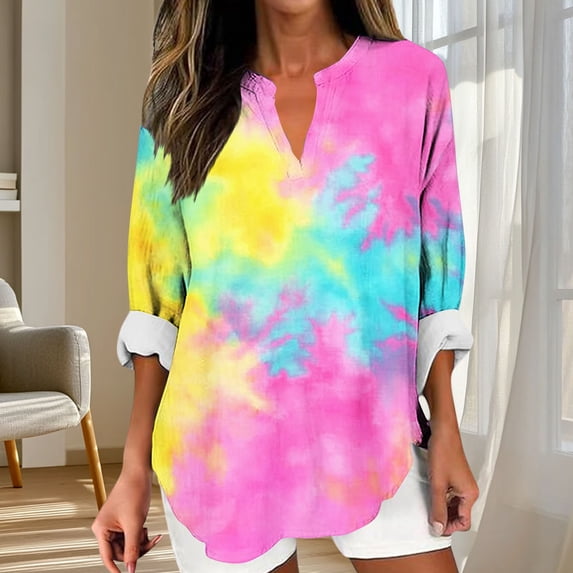 Womens Blouses Long Sleeve V-Neck Printed Casual Blouse Tops *Hot Pink XXS,Tops for Women