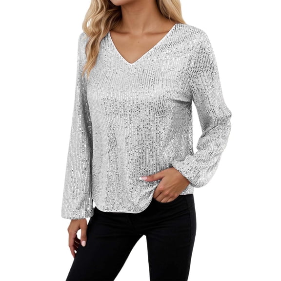 Womens Blouses Long Sleeved V Neck Slim European Fashion Dress Sequined School Girl Outfit,Silver,2XL