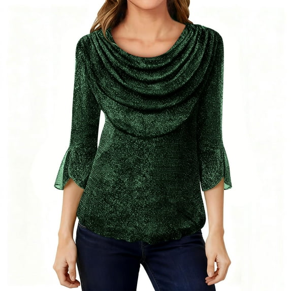 Womens Blouses Mesh 3/4 Sleeve Tops Cowl Neck Sparkly Dressy Chiffon Breathable Comfy Shirt for Casual Party Stretch Tunic Tops