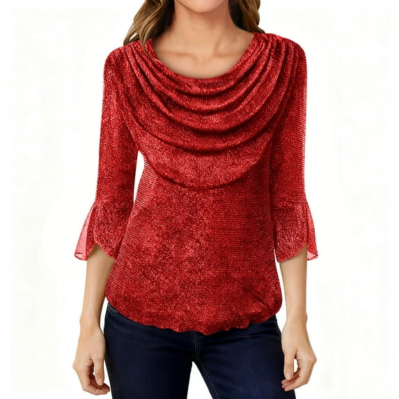 Womens Blouses Mesh 3/4 Sleeve Tops Cowl Neck Sparkly Dressy Chiffon Breathable Comfy Shirt for Casual Party Stretch Tunic Tops