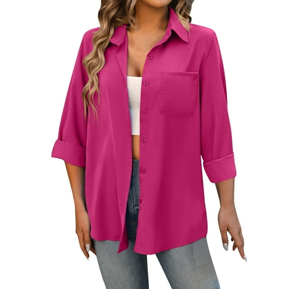 Womens Blouses Office Business Long Sleeve Casual Solid Color Lapel Overshirt Beachwear