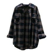 Womens Blouses Overcoat Button Winter Plaid Print Fleece Lined Lapel Coat Pockets Shirts Holiday Wear