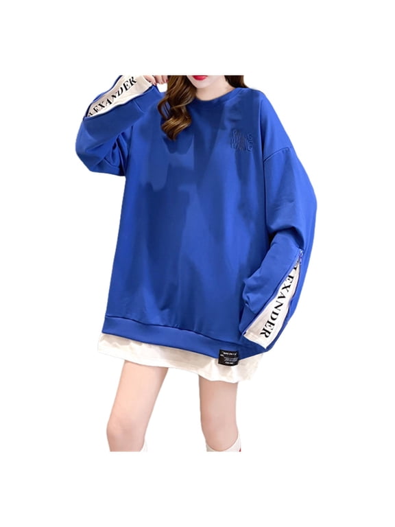 Womens Blouses Plus Size Fall Loose Fit Crew Neck Long Sleeve Blouson One Shoulder Zipper Plain Leisure Cotton Sweatshirt Pullover(Blue,M)