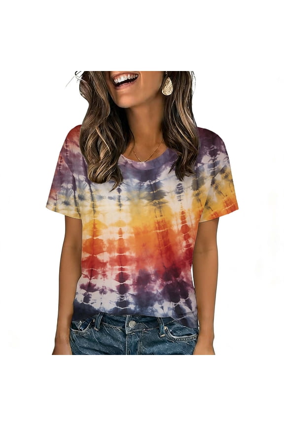 Womens Blouses Plus Size,Tie Dye T Shirts for Women Rainbow Shirts Funny Short Sleeve Tops