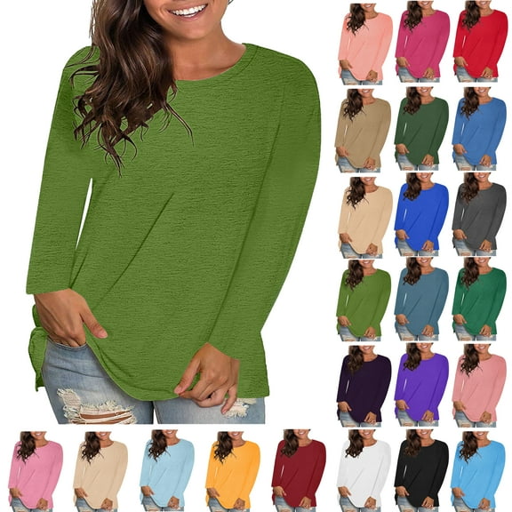 Womens Blouses Plus Size Tops Women's Trendy Fashion Causal Solid Loose Long Sleeve Crew Neck T-shirt Plus Size Pullover Tops Clothes under $6 Army Green XL