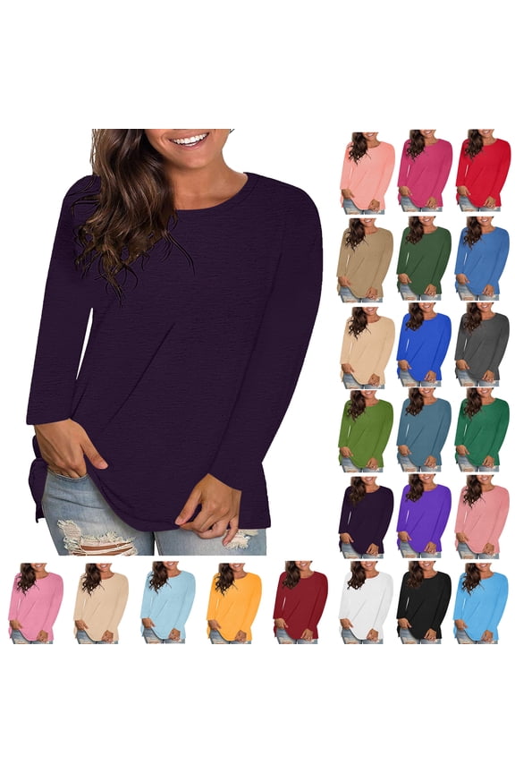 Womens Blouses Plus Size Tops Women's Trendy Fashion Causal Solid Loose Long Sleeve Crew Neck T-shirt Plus Size Pullover Tops Clothes under $6 Dark Purple XL