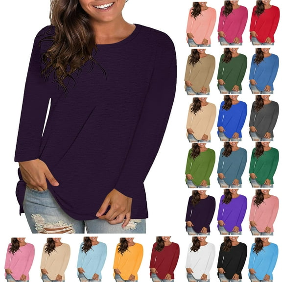 Womens Blouses Plus Size Tops Women's Trendy Fashion Causal Solid Loose Long Sleeve Crew Neck T-shirt Plus Size Pullover Tops Clothes under $6 Dark Purple XL