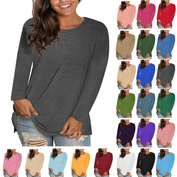 Womens Blouses Plus Size Tops Women's Trendy Fashion Causal Solid Loose Long Sleeve Crew Neck T-shirt Plus Size Pullover Tops Clothes under $6 Dark Gray S