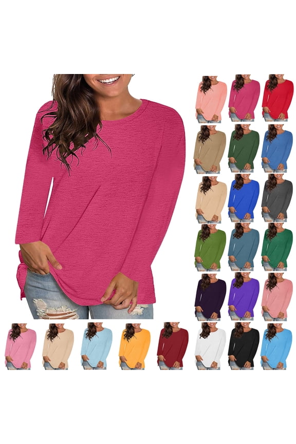 Womens Blouses Plus Size Tops Women's Trendy Fashion Causal Solid Loose Long Sleeve Crew Neck T-shirt Plus Size Pullover Tops Clothes under $6 Hot Pink S