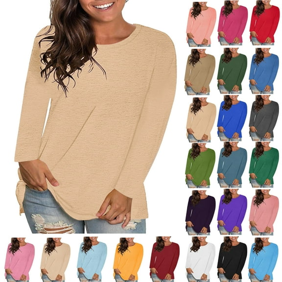Womens Blouses Plus Size Tops Women's Trendy Fashion Causal Solid Loose Long Sleeve Crew Neck T-shirt Plus Size Pullover Tops Clothes under $6 Light Orange 3XL