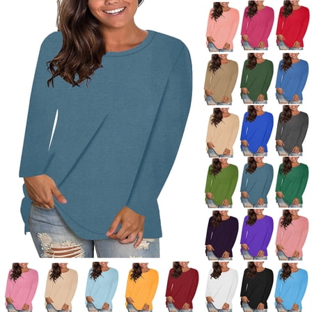 Womens Blouses Plus Size Tops Women's Trendy Fashion Causal Solid Loose Long Sleeve Crew Neck T-shirt Plus Size Pullover Tops Clothes under $6 Navy L