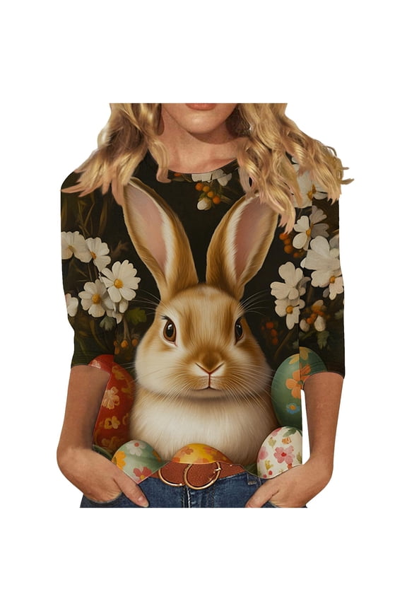 Womens Blouses Plus Size,Women Easter Shirts 2025 Cute Rabbit Bunny Pullovers Religious Tunic Blouse Funny Egg Graphic Tees 3/4 Length Sleeve Tops