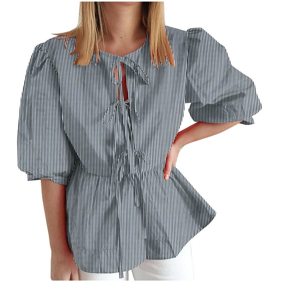 Womens Blouses Puff Sleeve Tie Front Floral Leopard Print Embroidery Striped Tierd Cute Shirt Babydoll Casual Loose Summer Fall Plus Size Tops,Blue 1,XL