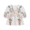 thumbnail image 1 of Womens Blouses Puff Sleeve Tie Front Floral Leopard Print Embroidery Striped Tierd Cute Shirt Babydoll Casual Loose Summer Fall Plus Size Tops,White,L, 1 of 1