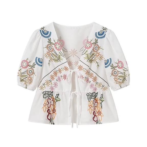 Womens Blouses Puff Sleeve Tie Front Floral Leopard Print Embroidery Striped Tierd Cute Shirt Babydoll Casual Loose Summer Fall Plus Size Tops,White,L