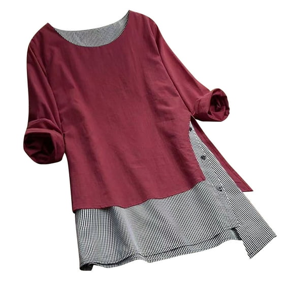 Womens Blouses, Round Neck Cotton Linen Longline Shirts Casual Elegant Long Sleeve Patchwork Tunic Tops Irregular Hem Vacation Travel Blouse Tshirts with Side Buttons M-5XL
