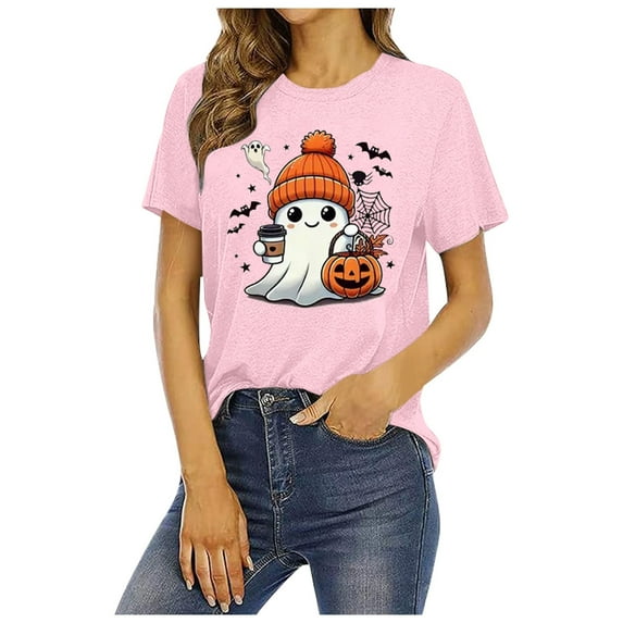 Womens Blouses Round Neck Ghost Pumpkin Letter Graphic Print Short Sleeve Womens T Shirts,Pink,L