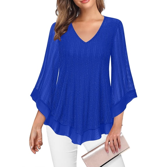 Womens Blouses Ruffle 3/4 Sleeve V-Neck Tops Double Layers Mesh Dressy Casual Party Shirt Breathable Loose Fit Tunic Tops