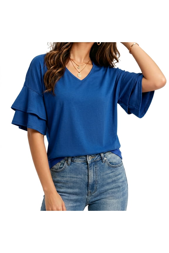 Summer Tops for Women Ruffle 3/4 Sleeve V Neck Top Double Tiered Bell Casual Dressy Blouses