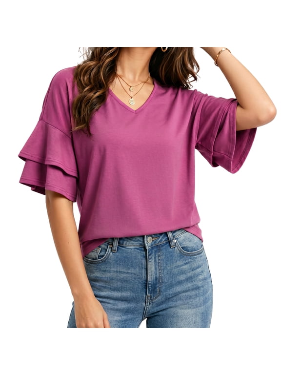 Summer Tops for Women Ruffle 3/4 Sleeve V Neck Top Double Tiered Bell Casual Dressy Blouses