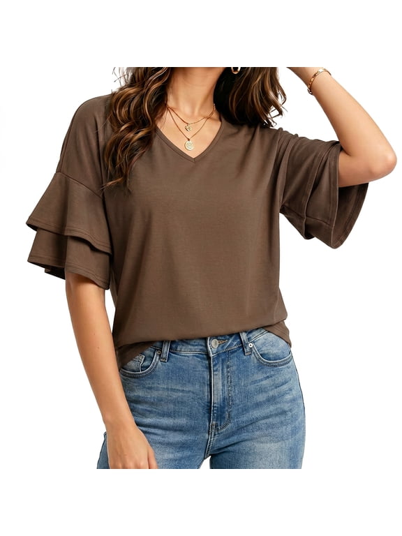 Summer Tops for Women Ruffle 3/4 Sleeve V Neck Top Double Tiered Bell Casual Dressy Blouses