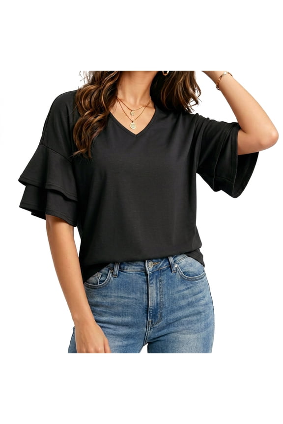 Womens Blouses Ruffle 3/4 Sleeve V Neck Top Double Tiered Bell Casual Summer Blouses