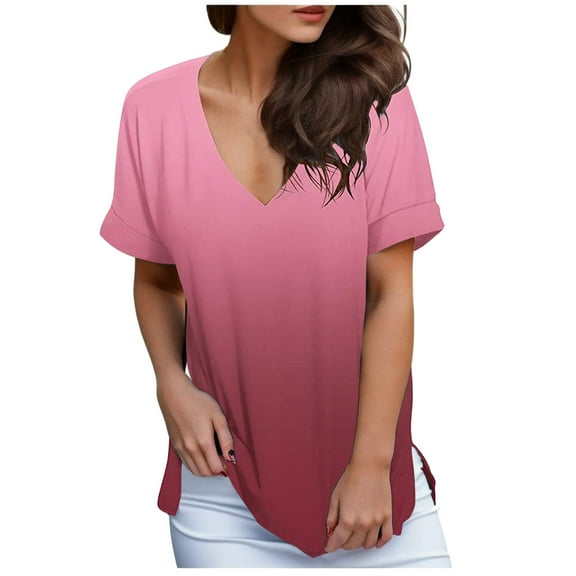 Womens Blouses Shirts Fashion Loose Gradient V Neck Short Sleeve Womens Clothes,,2XL