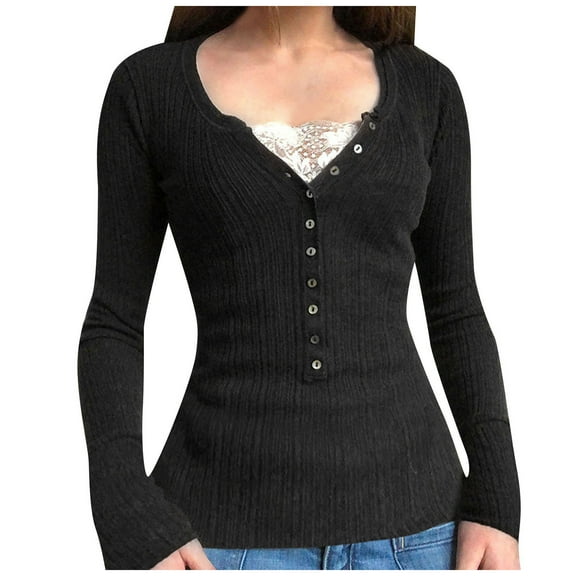 Womens Blouses Shirts Long Sleeves V Neck Ribbed Knit Solid Color Loose Button Slim Fit Womens Tees,Black,M
