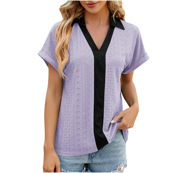 Womens Blouses Short Sleeve Casual Solid Color V Neck Contrasting Short Sleeved Loose T-Shirt Top Womens Shirt
