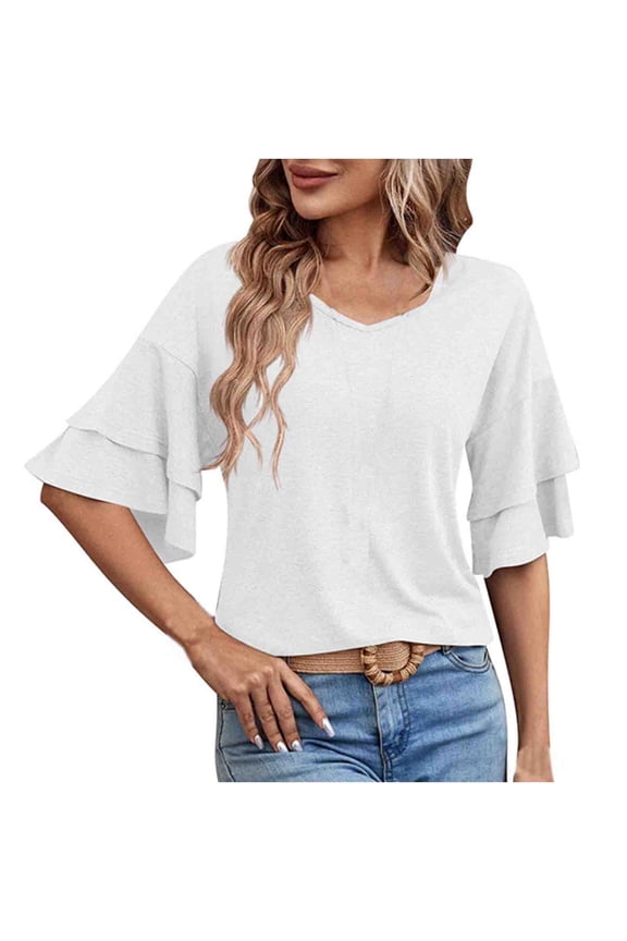 Womens Blouses Short Sleeve Casual Summer Solid Color Neck Double Layered Sleeve Loose Short Sleeved T Shirt Top