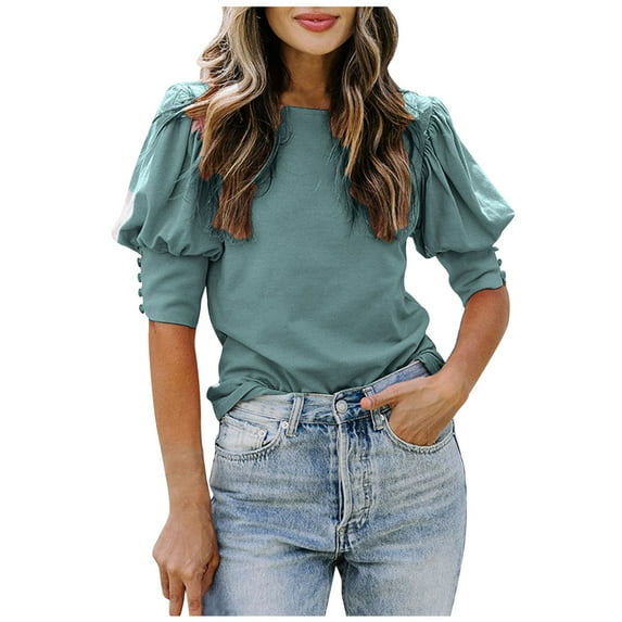 Womens Blouses Short Sleeve Fashion Solid Colour Casual Round Neck Short Sleeve Loose T Shirt Blouse Tops