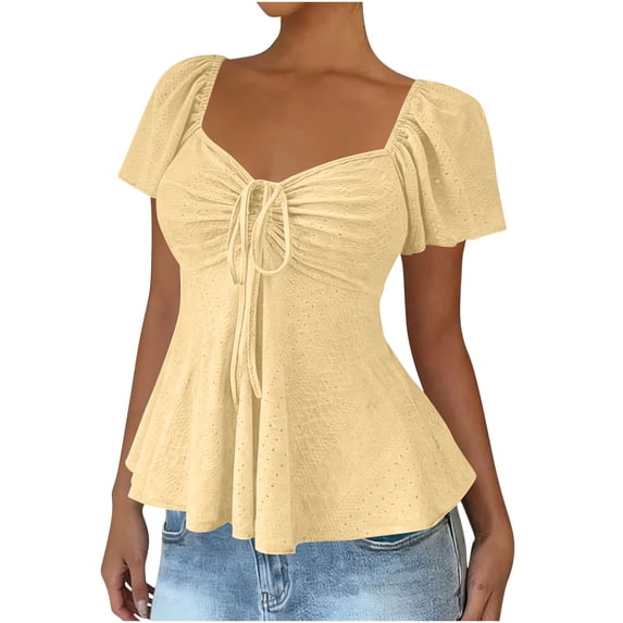 Womens Blouses Short Sleeve Jacquard Eyelet Tops Sweetheart Neck Peplum Shirts Ruched Drawstring Front Slim Fit Empire Waist Flowy Tunics Summer Going Out Weaer