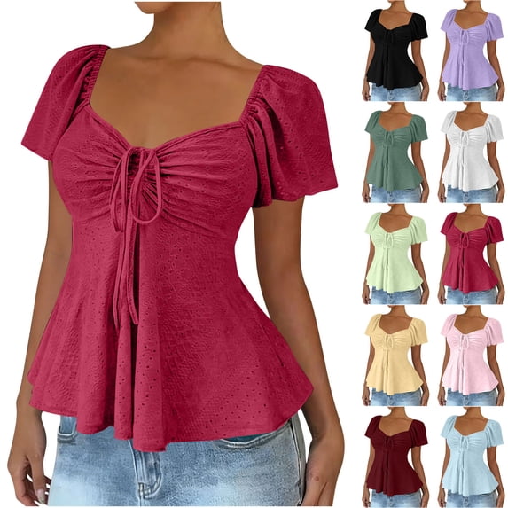 Womens Blouses Short Sleeve Jacquard Eyelet Tops Sweetheart Neck Peplum Shirts Ruched Drawstring Front Slim Fit Empire Waist Flowy Tunics Summer Going Out Weaer