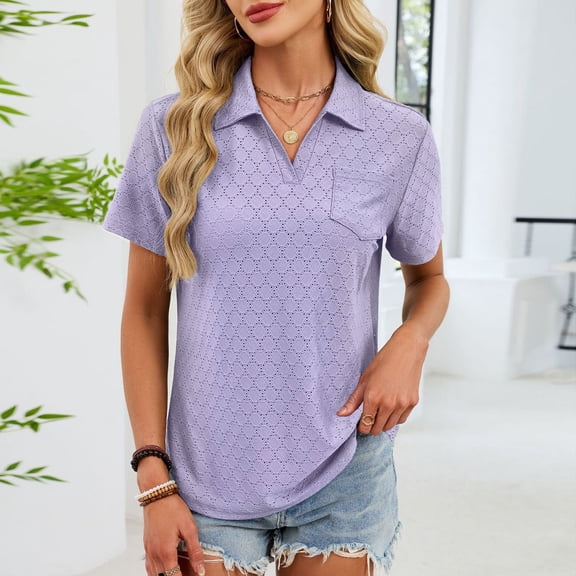 Womens Blouses Short Sleeve V Neck T Shirts Solid Color Collared Tops Summer Loose Breathable Business Dressy Casual Tops