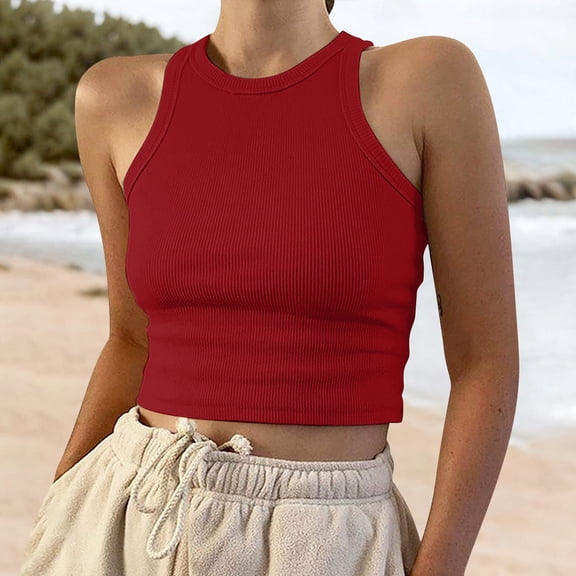 Womens Blouses Sleeveless Color Tops Solid Women's Tank Short Round Neck Vest Women's Blouse Going Out Tops for Women