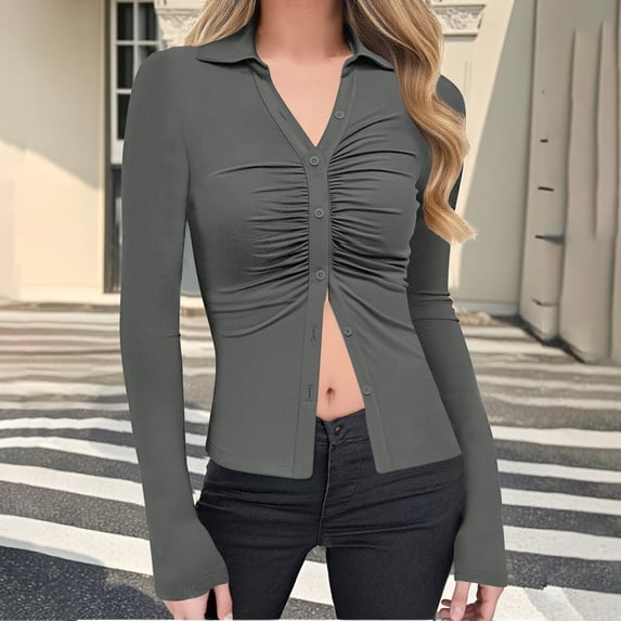 Womens Blouses Solid Color Button Down Work Shirts Long Sleeve Dressy Casual Collared Tops