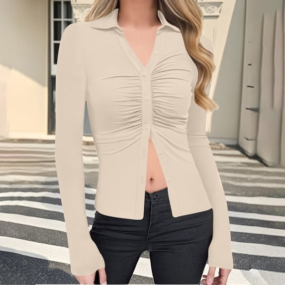Womens Blouses Solid Color Button Down Work Shirts Long Sleeve Dressy Casual Collared Tops