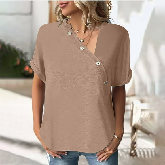Womens Blouses Solid Color Button Stylish Loose Short Sleeved Women's T Shirt Going Out Tops for Women