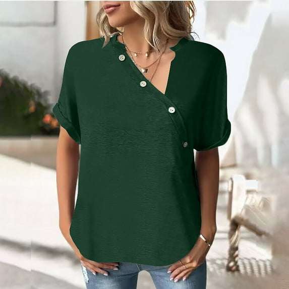 Womens Blouses Solid Color Button Stylish Loose Short Sleeved Women's T Shirt Going Out Tops for Women