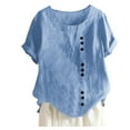 thumbnail image 1 of Womens Blouses Solid Color Round Neck Raglan Sleeve Hem Slit Loose Short Sleeve Button Decoration Casual Shirt Sky Blue Summer Shirts Tops M, 1 of 4