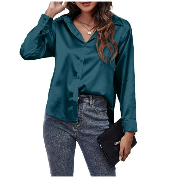 Womens Blouses Solid Color Satin Lapel Long Sleeve Button Down Loose Casual Fashion Smock Tops Holiday-Wear