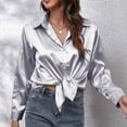 thumbnail image 1 of Womens Blouses Summer Solid Color Satin Silk Lapel Long Sleeve Casual Smock Tops Activewear, 1 of 6